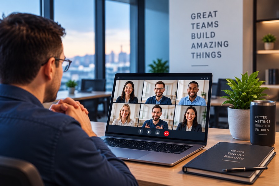 A team standup on a video call viewed over the shoulder of someone at an office desk
