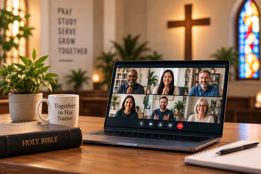 A church small group meeting on a laptop video call, a Bible and notebook on the table beside it