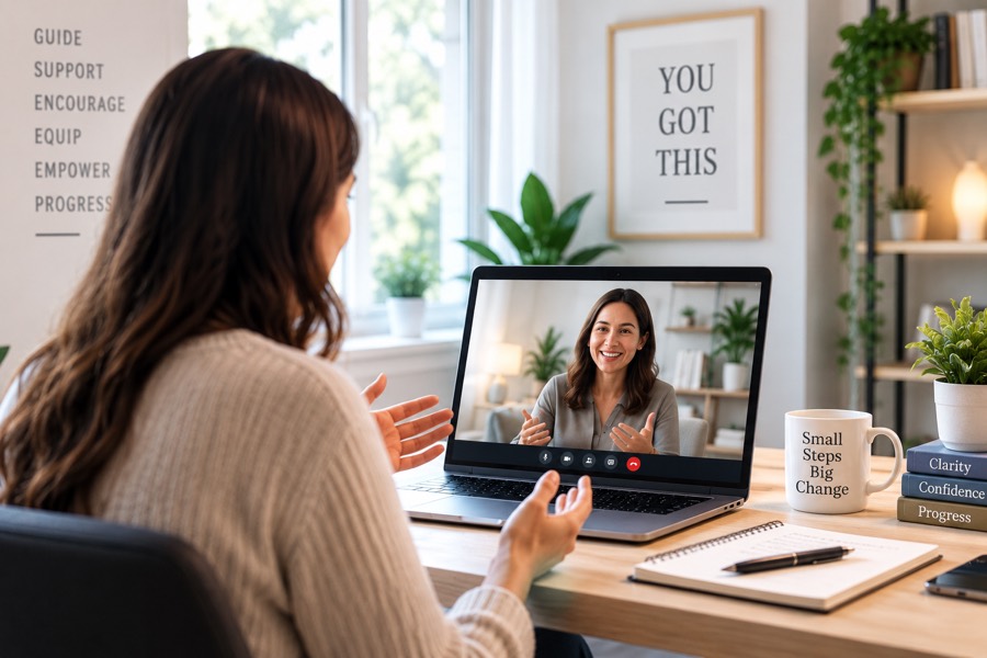 A coach in a home office speaking with a client on a one-to-one video call